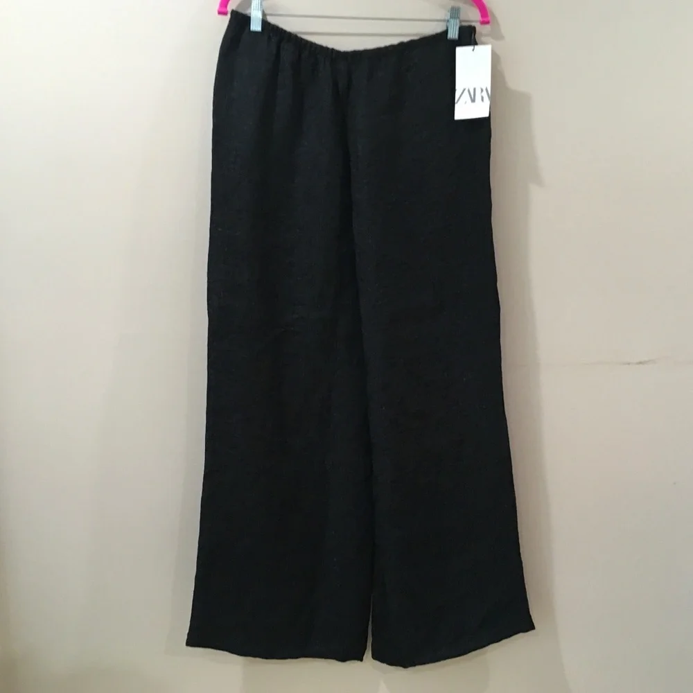 ZARA Wrinkled Effect Organza Pants Wide Leg Pull On Black Women L 7484/399 - Picture 4 of 8